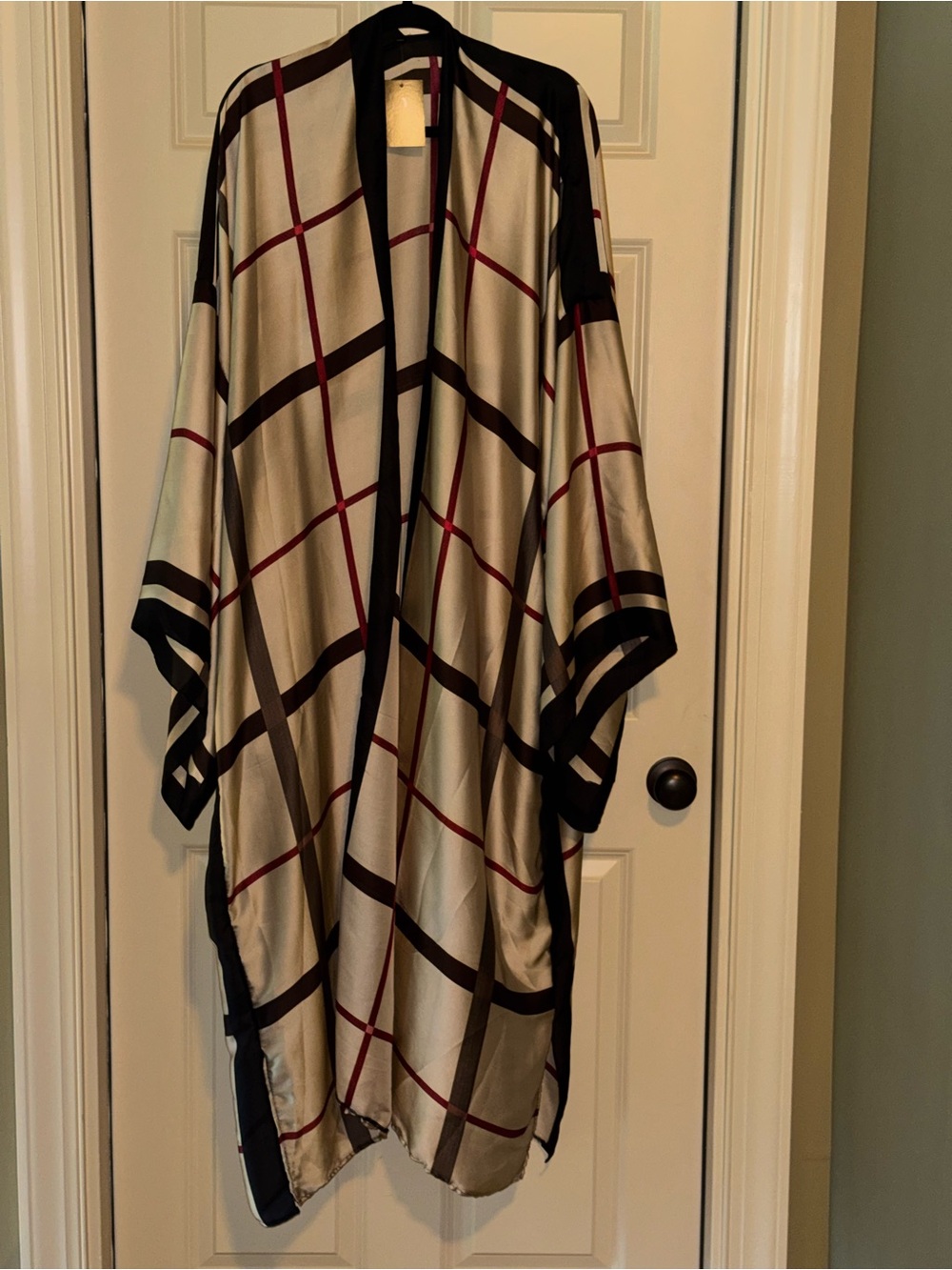 Plaid Satin Kimono Duster with Contrast Trim